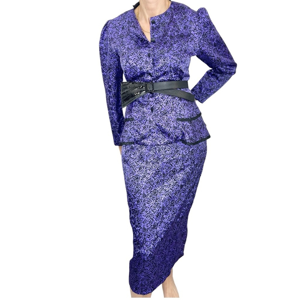 Vintage 80s 90s The French Fact purple black floral satin blouse skirt set 7-8